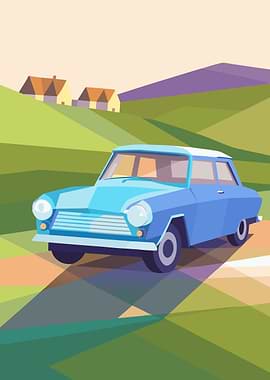 Blue Car in Countryside Landscape