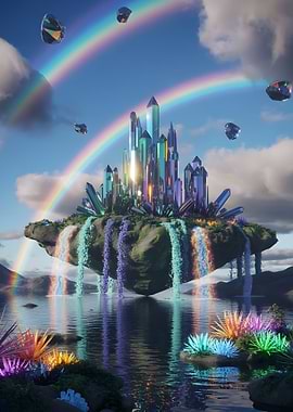 Floating Crystal Island with Rainbow Waterfalls