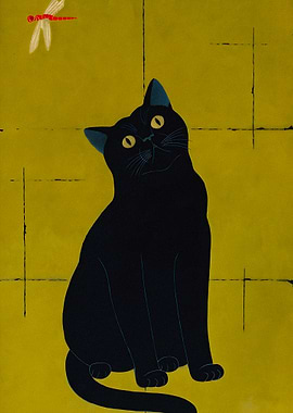 Black Cat and Dragonfly Art