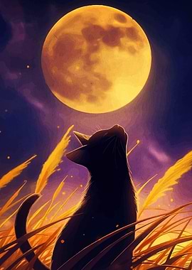 Black Cat Gazing at the Moon