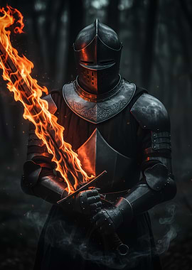 Knight with Flaming Sword in Forest