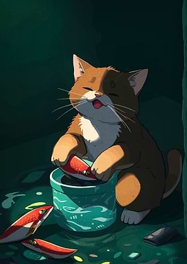 Happy Cat with Fish