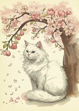 White Cat Under Cherry Blossom Tree