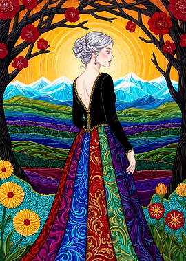 Woman in Colorful Dress Landscape Art