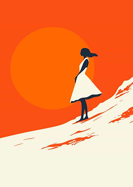 Woman Silhouette at Orange Sunset Canyon Minimalist Art