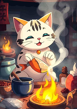 Cartoon Cat Cooking with Fire