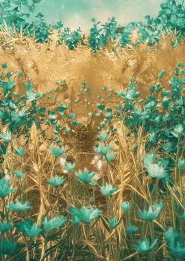 Teal Flowers in Golden Field