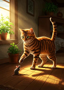Striped Cat and Mouse Indoors