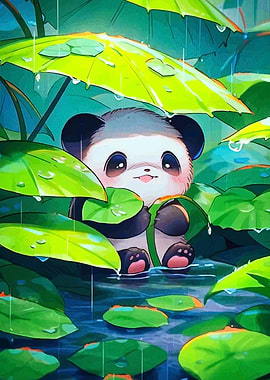 Cute Panda in the Rain
