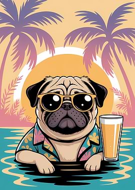 Pug in Pool with Beer
