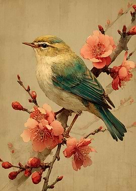 Songbird on Plum Blossoms – Ukiyo-e Inspired Illustration