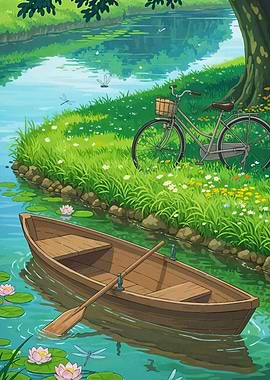 Peaceful River Scene Boat Bicycle
