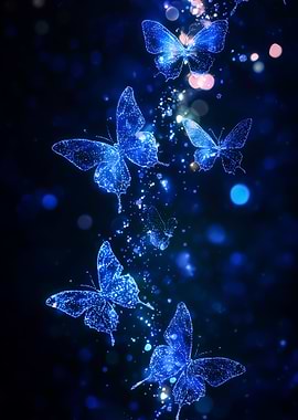 Blue Glittering Butterflies on Dark Background
