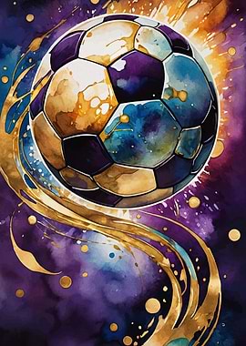Watercolor Soccer Ball with Golden Accents