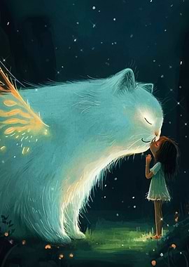 Girl and Winged Cat Illustration