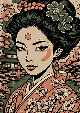 Geisha Portrait with Traditional Japanese Background