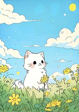 Cute Cat in Flower Field