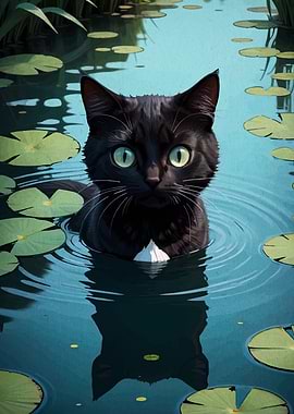 Black Cat in Pond with Lilypads