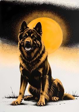 Dog Portrait with Yellow Moon