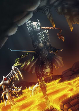 Fantasy Warrior in Lava Landscape