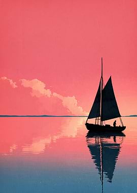 Sail at Pink Dusk – Minimal Seascape Illustration