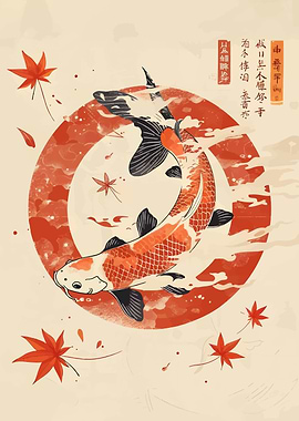 Koi Fish and Maple Leaves Art