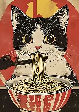 Cat eating ramen noodle