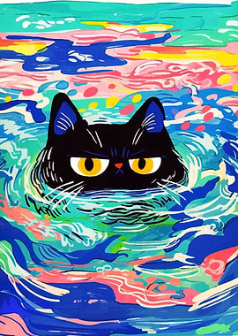 Grumpy Black Cat in Colorful Water
