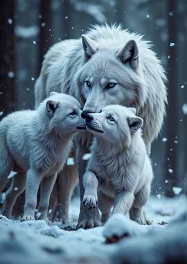 White Wolf Family in Snowy Forest