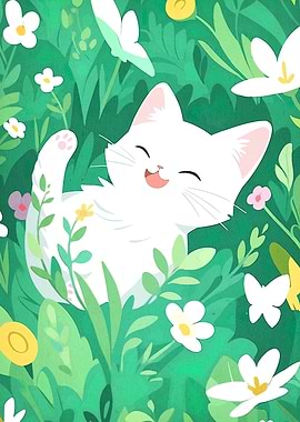 Happy White Cat in Green Meadow
