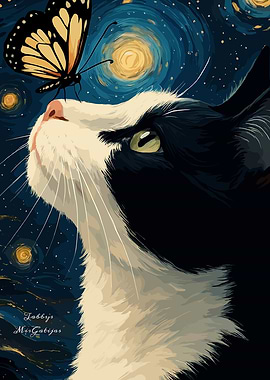 Cat and Butterfly Starry Night Art