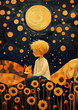 Boy and Fox Under the Moon