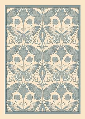 Monochrome Botanica – Blue & Cream Hand-Drawn Butterflies