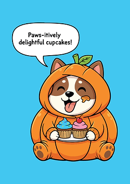 Cute Dog in Pumpkin Costume with Cupcakes