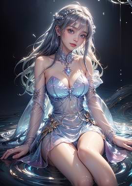 Anime Girl in Water with Blue Dress