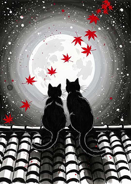 Cats on Roof Watching the Moon