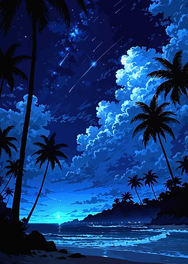 Night beach with palm trees