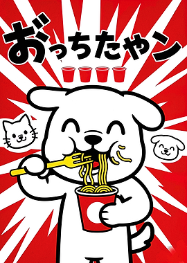 Cartoon Dog Eating Noodles Illustration