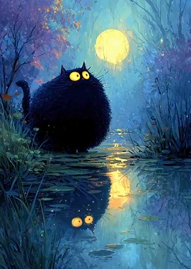 Fluffy Black Cat by the Water