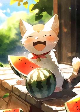 Happy Cat with Watermelon
