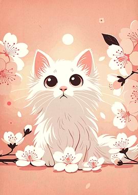 White Cat with Cherry Blossoms