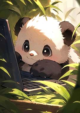 Cute Panda Using Laptop
