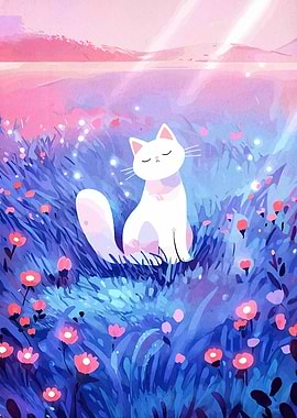 White Cat in a Flower Field