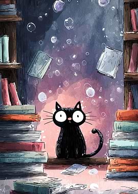Black Cat in Library Illustration