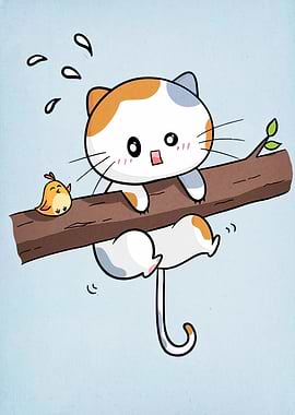 Cartoon Cat on Branch with Bird