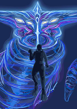 Diver and colossal blue entity