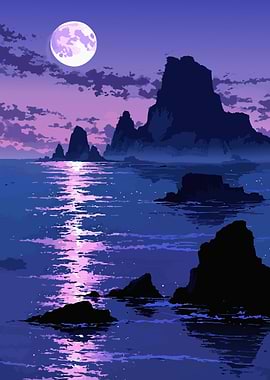 Moonlit Ocean Landscape with Rocky Islands