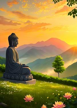 Buddha Statue in Mountain Landscape