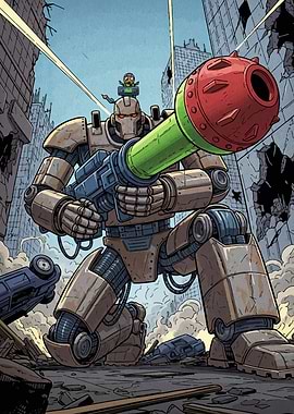 Robot in Destroyed Cityscape with Rider