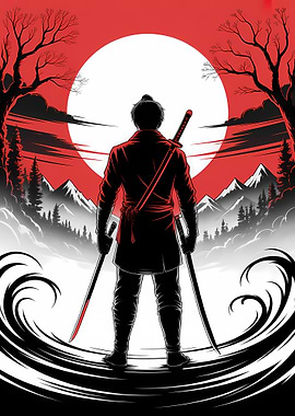 Silhouette Samurai with Dual Swords